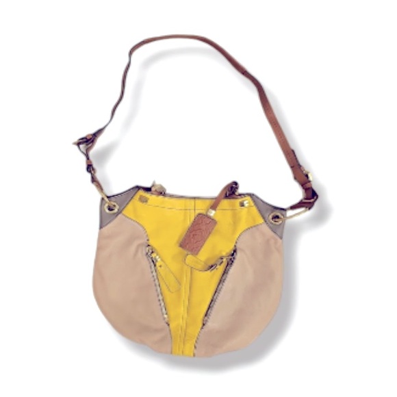 NWT OR YANY Pebble Leather Colorblock Victoria Yellow, Tan, Grey Large Hobo Bag - Picture 2 of 14
